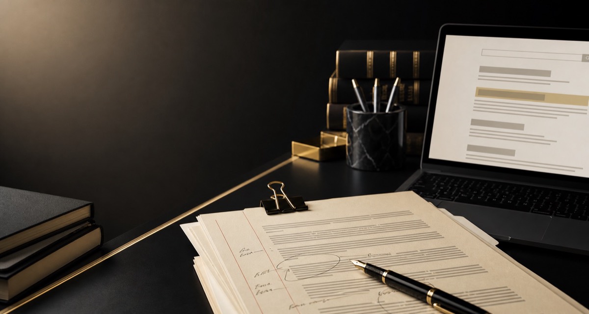 Attorney-reviewed legal copywriting and SEO content draft on a black desk with legal books and a laptop.