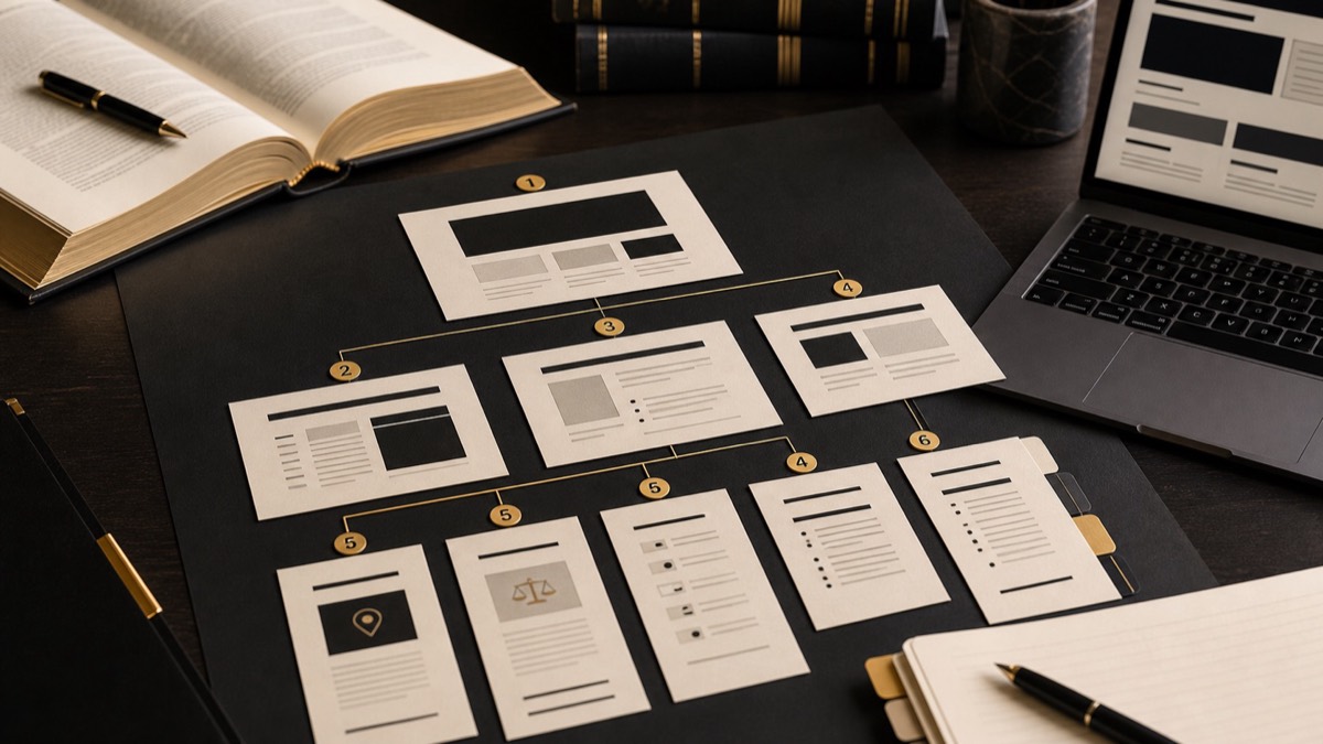 Law firm practice area page architecture cards arranged on a legal desk with research materials.