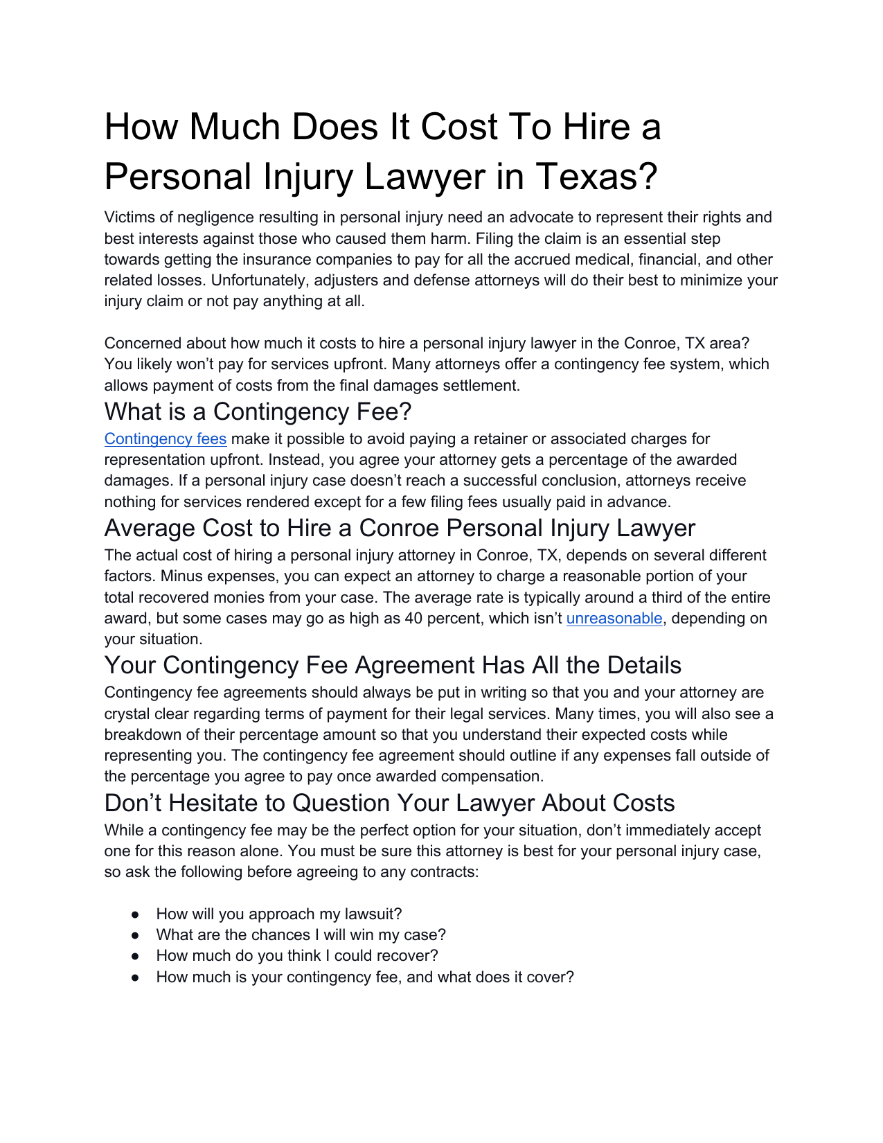 Preview of Texas Personal Injury Lawyer Cost