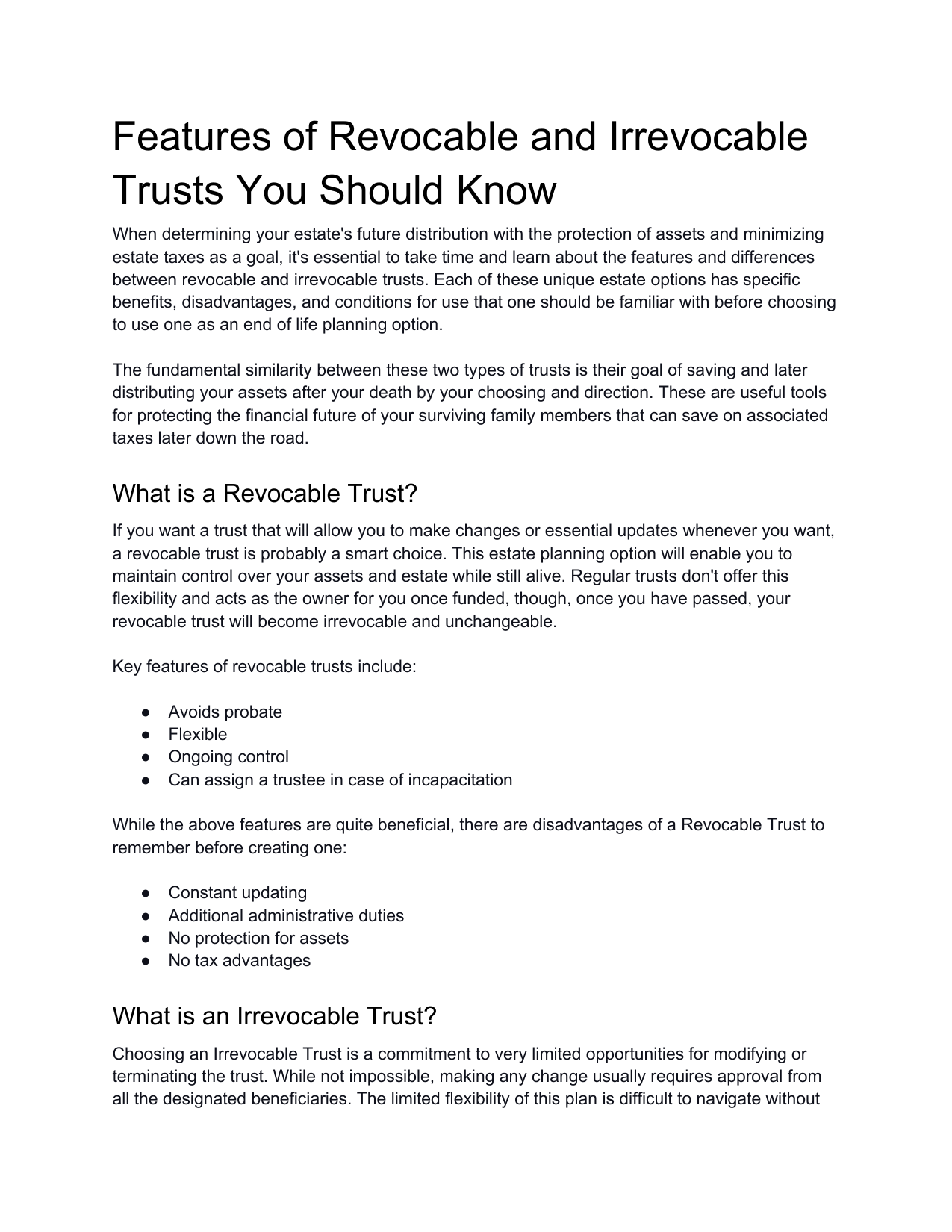 Preview of Revocable and Irrevocable Trusts